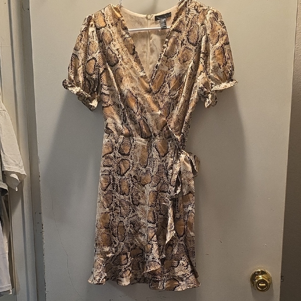 Aqua Cream and Brown Wrap Mini Dress with Ruffled Hem